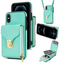 Feishell Crossbody Wallet Case for iPhone XS/iPhone X,with Detachable Shoulder Strap,Premium PU Leather Metal Snap Zipper Pocket Credit Card Holder Kickstand Phone Case for Women Men,Mint