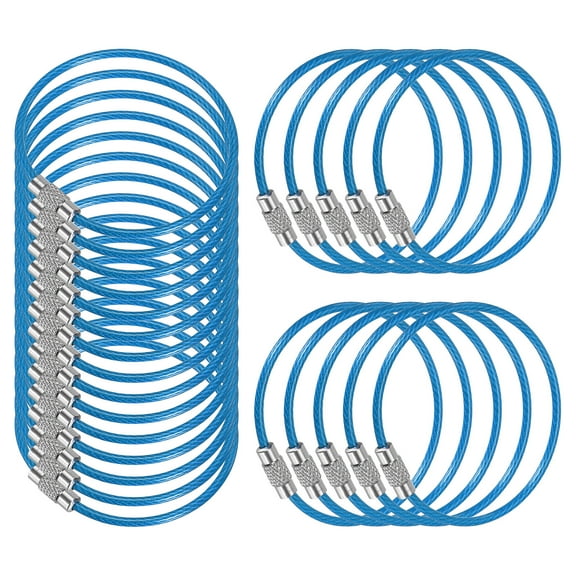 5.9 Inch Stainless Steel Wire Keychain Cable Key Ring Loop, Blue, 25 Pack