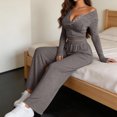 thumbnail image 6 of Bzdzmqm Women's 2 Piece Outfits V Neck Long Sleeve Crop Top and Wide Leg Pants Set Casual Lounge Matching Tracksuit Solid Basic Fall Travel Vacation Daily Wear Comfy, Dark Gray L, 6 of 6