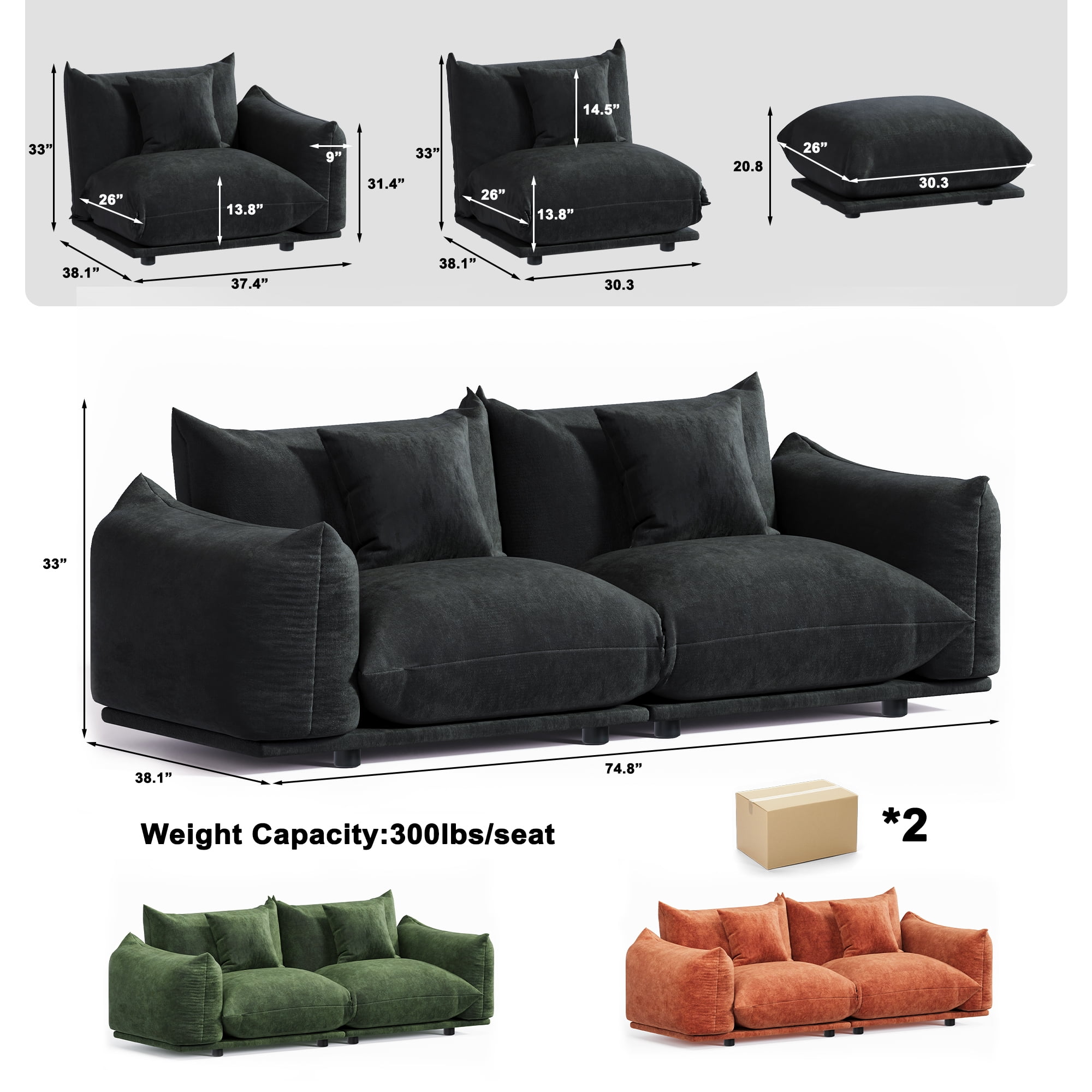 Advwin 75" Oversized Chenille Loveseat Sofa, Modern Cloud Couch with Thick Cushions for Living Room, Bedroom, Apartment, Small Spaces, Black