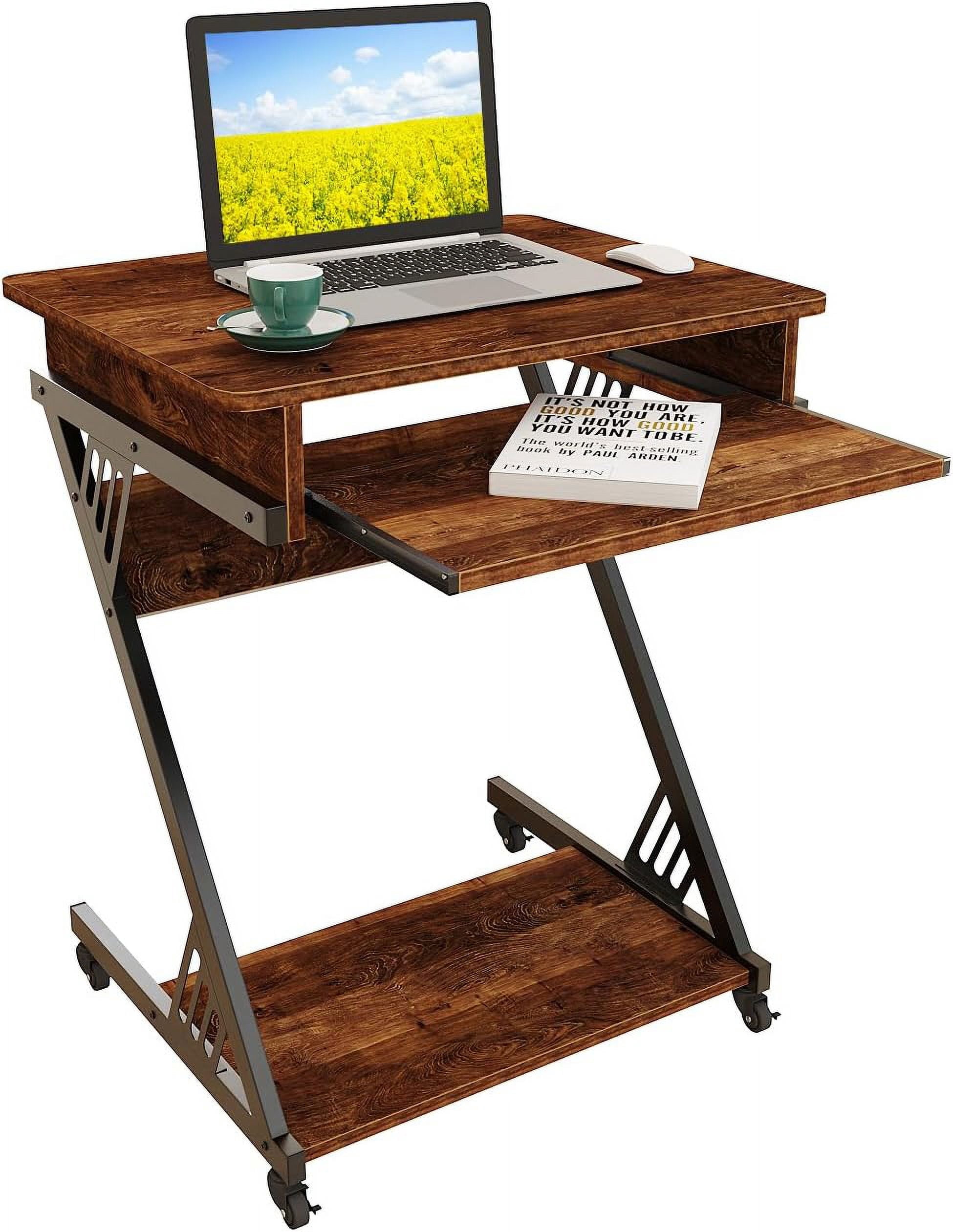 NEWSENDY Mobile Computer Desk with Pull-out Keyboard Tray & Lower Storage Shelf – Rustic Wood Finish Sturdy Fixed-Height Workstation for Adults