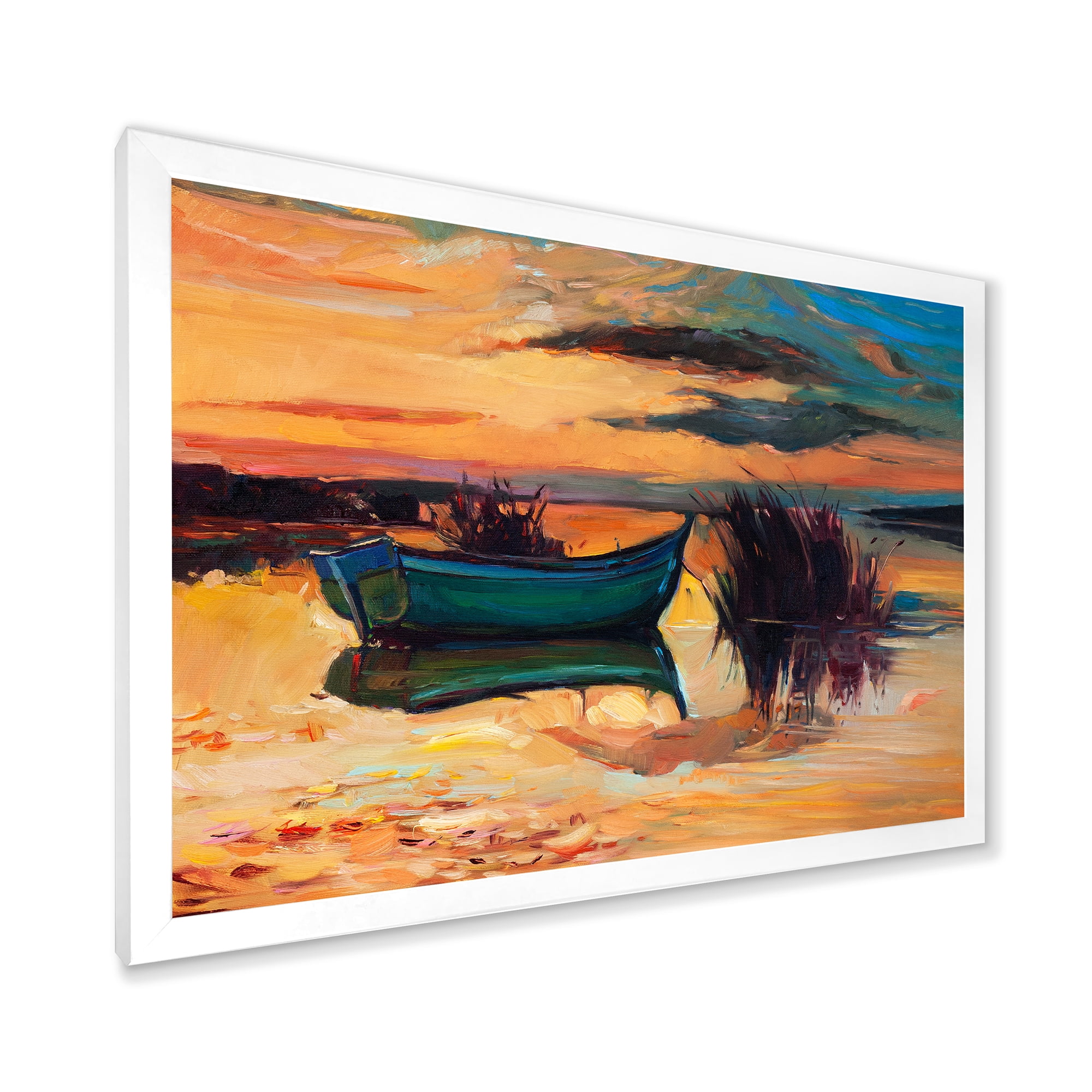 Boat At The Lake During Evening Glow I 32 in x 24 in Framed Painting Canvas Art Print, by Designart