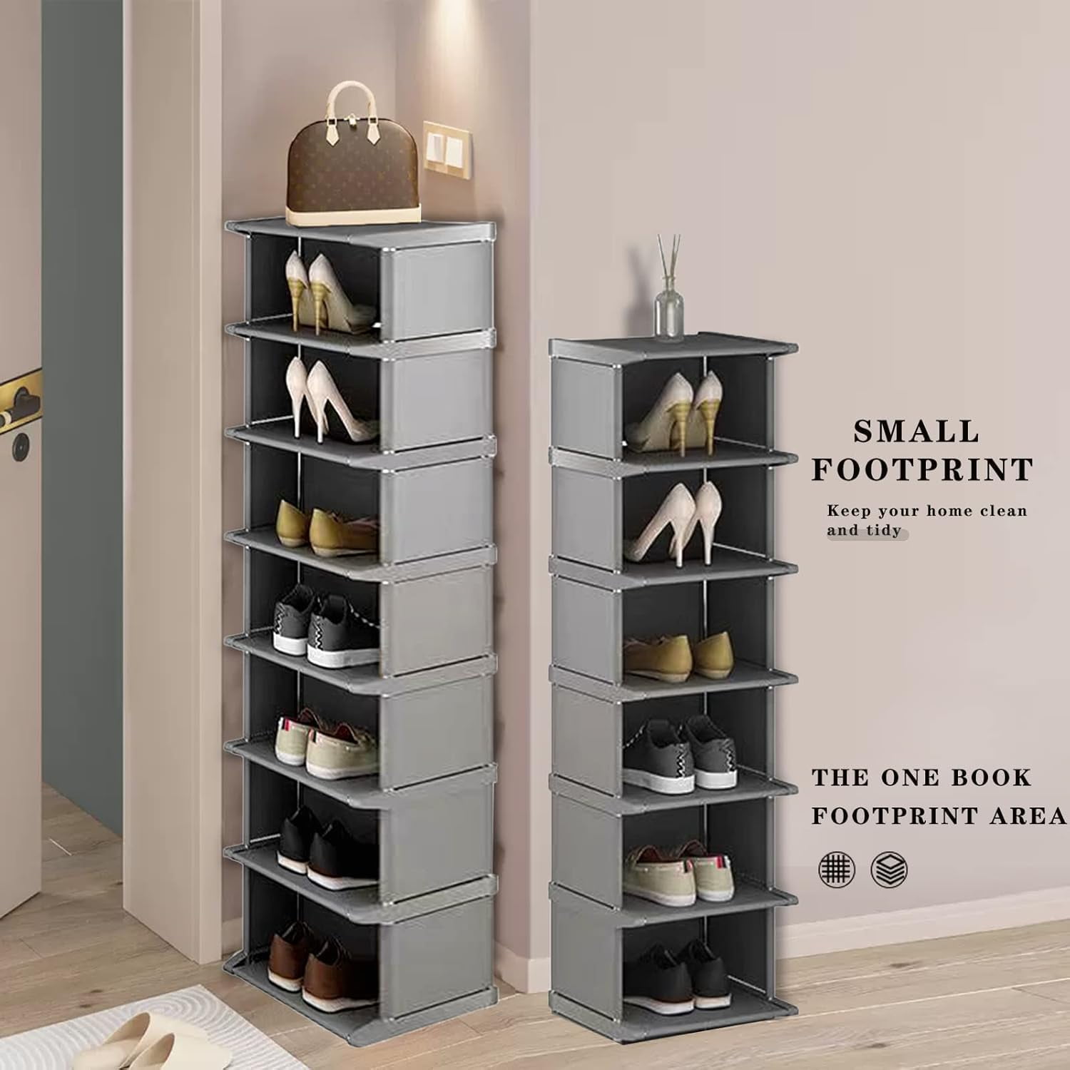 Narrow Shoe Rack 8 Tiers, Tall Skinny Shoe Organizer, Small Space and Vertical Shoe Rack, Suitable for Entryway,Hallway,Closet, Corner, Bedroom and Garage Shoe Shelf