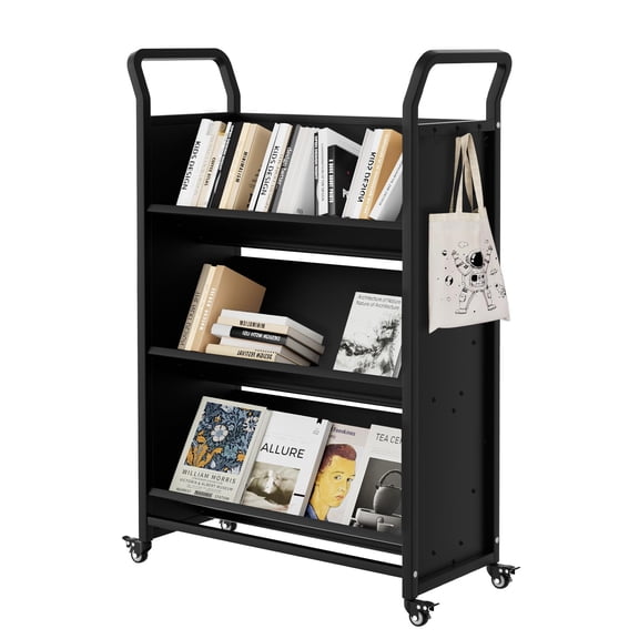 3-Tier Book Cart, V-Shaped Metal Rolling Cart with 4 Lockable Wheels & Side Hooks, Storage Bookshelf for Home, Office, 32''x14''x49'' - Black