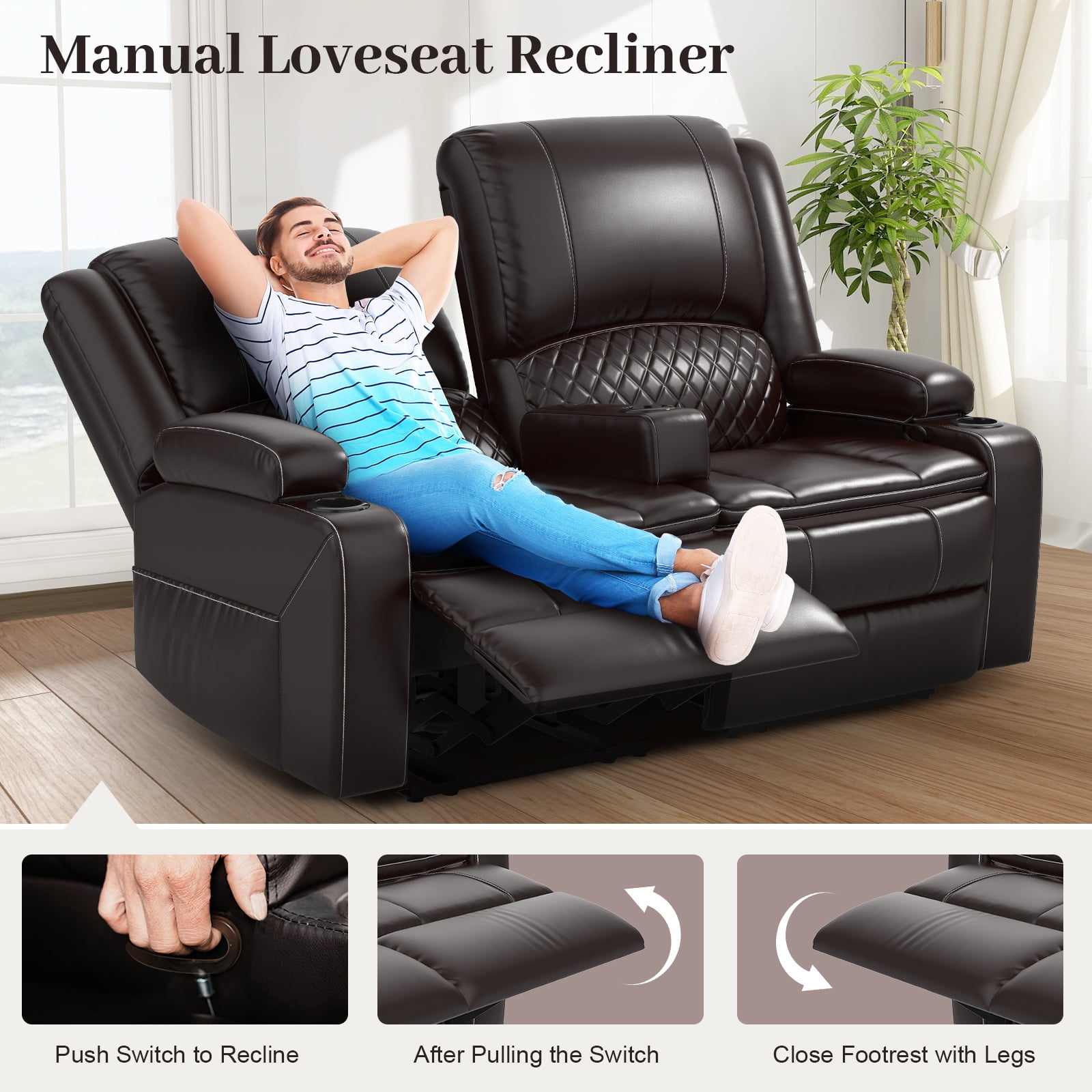 Loberfve Loveseat Recliner Sofa, Manual Recliner Chair with Removable Armrest, 2-Tier Cushions, USB Charging Ports, Cup Holders, Faux Leather Reclining Loveseat for Adults, Brown