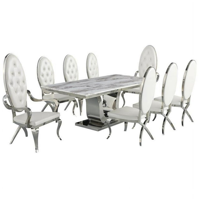 Ensemble de Salle à Manger Mixte en Marbre avec Chaises en Acier Inoxydable Argenté et Blanches