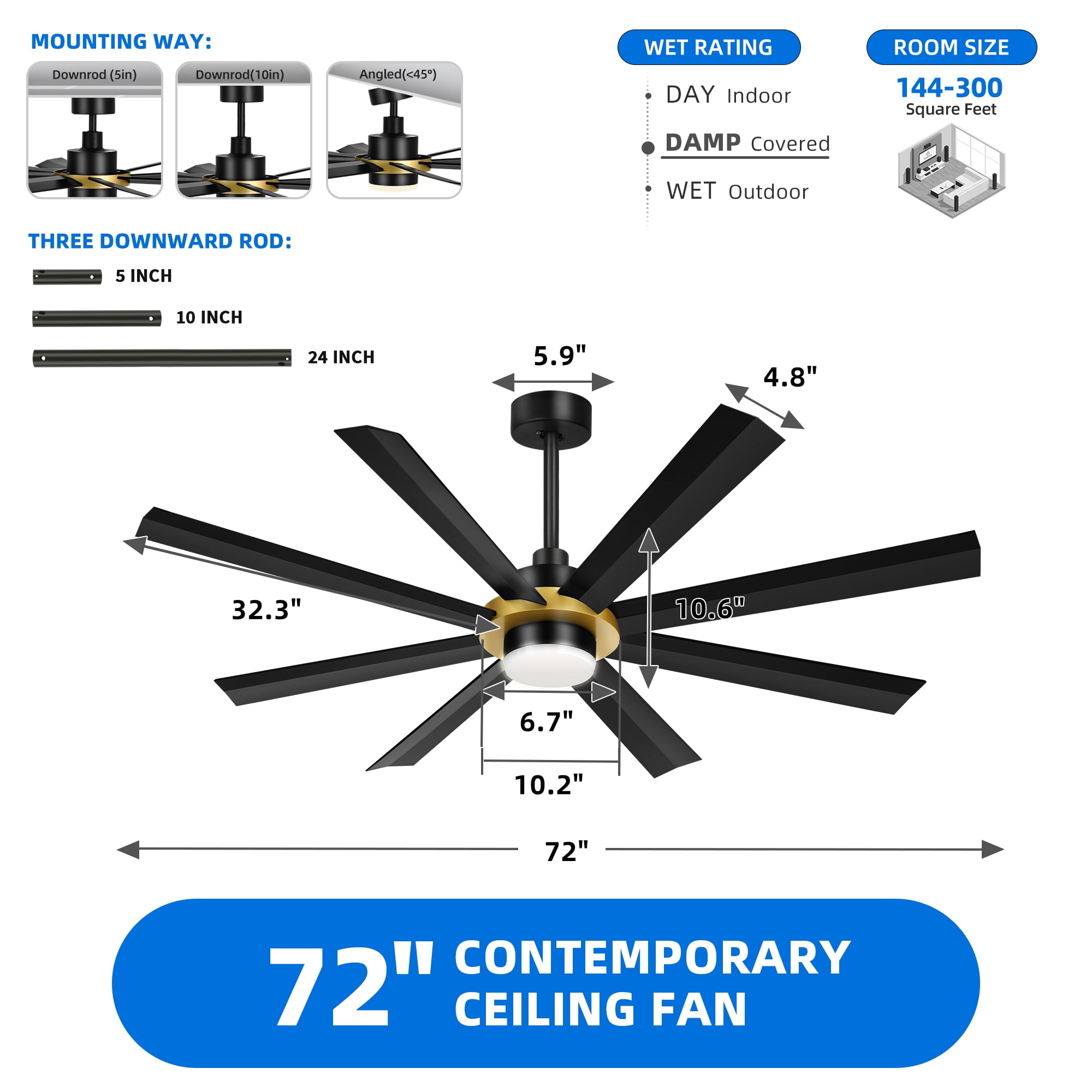 Uforic 72 Inch Large Modern Ceiling Fan with Light and Remote,Black Gold ceiling fan with 8 Blades,6 Speed for Living Room,Garage