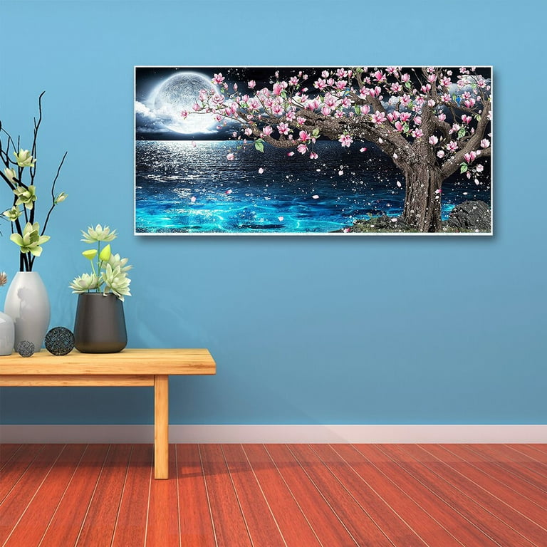 YALKIN 5D Large Diamond Painting Kits for Adults (31.5x15.7inch), Seaside  Moon Cherry Tree Full Round Drill Scenery Pictures Arts Paint by Diamonds
