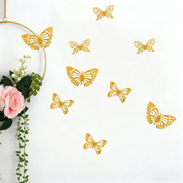 Uklsqma Butterfly Wall Stickers 12 Pieces | Gold Metallic 3D Decals In 3 Sizes | Removable Laminated Paper Decorations | Perfect for Parties Birthdays Nursery Weddings Cake Tables