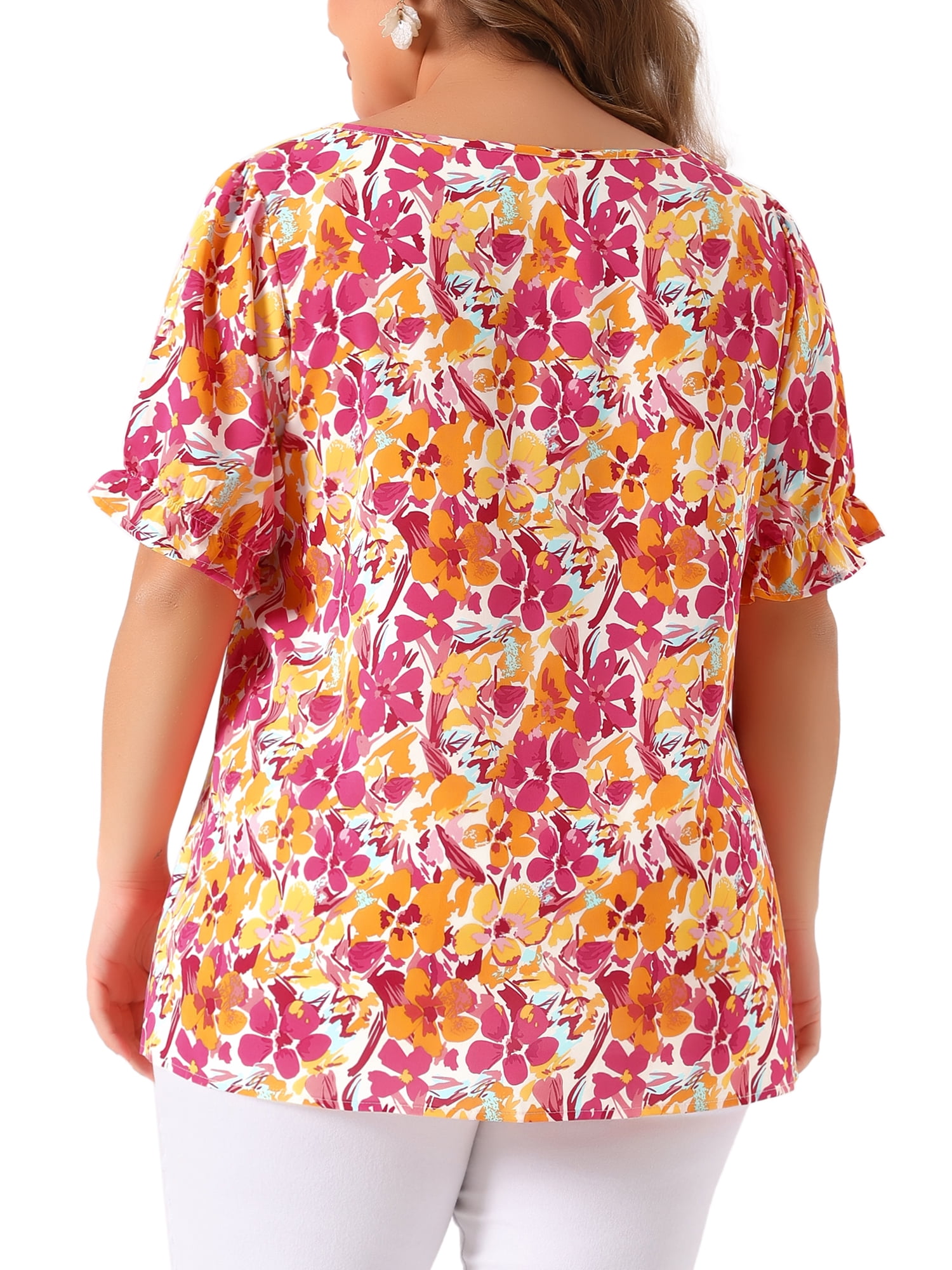 Unique Bargains Women's Plus Size V Neck Short Sleeve Blouses Chic Tops 1X Pink