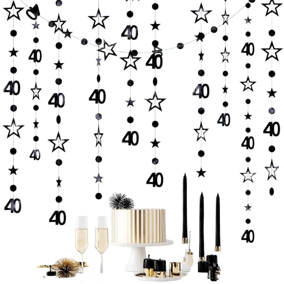 40Th Birthday Decorations, Black Hanging Star Garland, Adult Birthday Party Supplies for 40 Year Old Milestone Celebration Wall Decor One Size Black