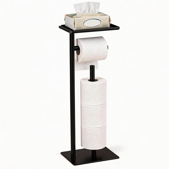 Toilet Paper Holder Stand with Top Storage Shelf, Black Toilet Paper Holder, Freestanding Toilet Paper Holder, Bathroom Storage Organizer for 4 Reserve Rolls Space-Saving