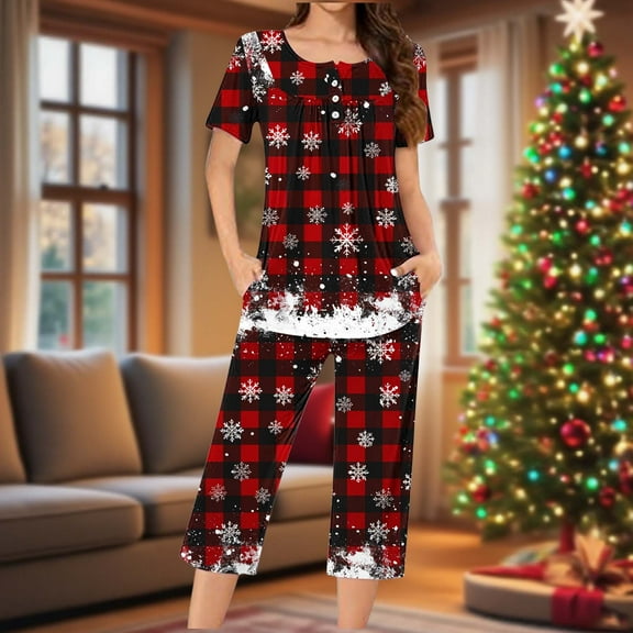 Fznquz Christmas Pajamas for Women Plus Size 2 Piece Pj Short Sleeve Top and Pants Soft Lounge Sets Women