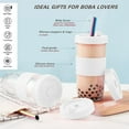 thumbnail image 4 of 2 Pack Reusable Boba Cup,24Oz Wide Mouth Smoothie Cup,mason Jar Glass Cups with Lids and Straws,Bubble/Boba Tea Cups,Ice Coffee Tumbler 2 colored straws 1 sponge brush(White), 4 of 7