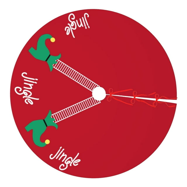 falda de árbol de navidad macarena impresa para decoración del hogar estilo b Falda redonda de tela roja de 90 cm con abertura radial y cordón de ajuste; diseño impreso con botas de elfo verdes y la palabra "jingle" en blanco repetida, vista frontal centrada, ideal para vestir la base del árbol en sala, entrada o porche.
