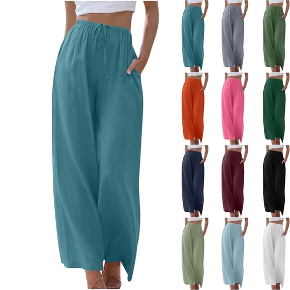 DYTTDG Women's Wide Leg Palazzo Pants | Solid Color Elastic Waist Drawstring Loose Fit Casual Trousers with Pockets for Summer