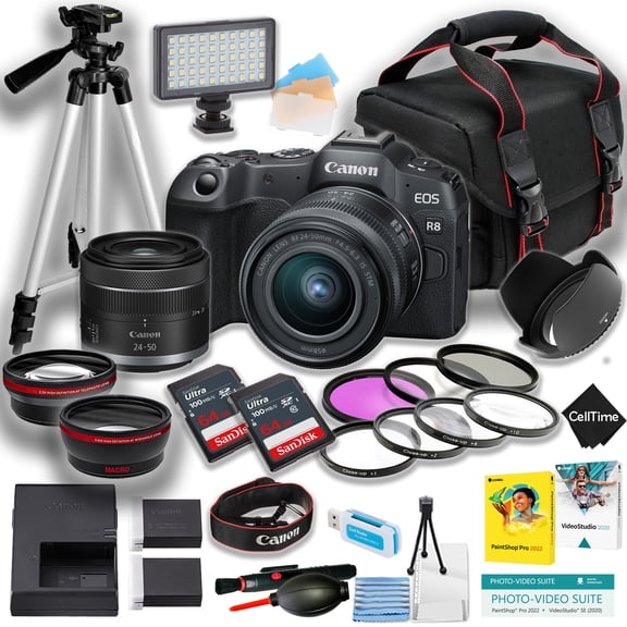 Canon EOS R8 Mirrorless Camera w/RF 24-50mm lens   2pc 64GB Memory Card   LED Light   Extra Battery  Tripod   More (21pc Bundle)