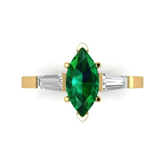 2 ctw 3 Stone Anniversary Ring for Women | Marquise Cut Simulated Emerald | Hyperallergenic Solid 14K Yellow Gold