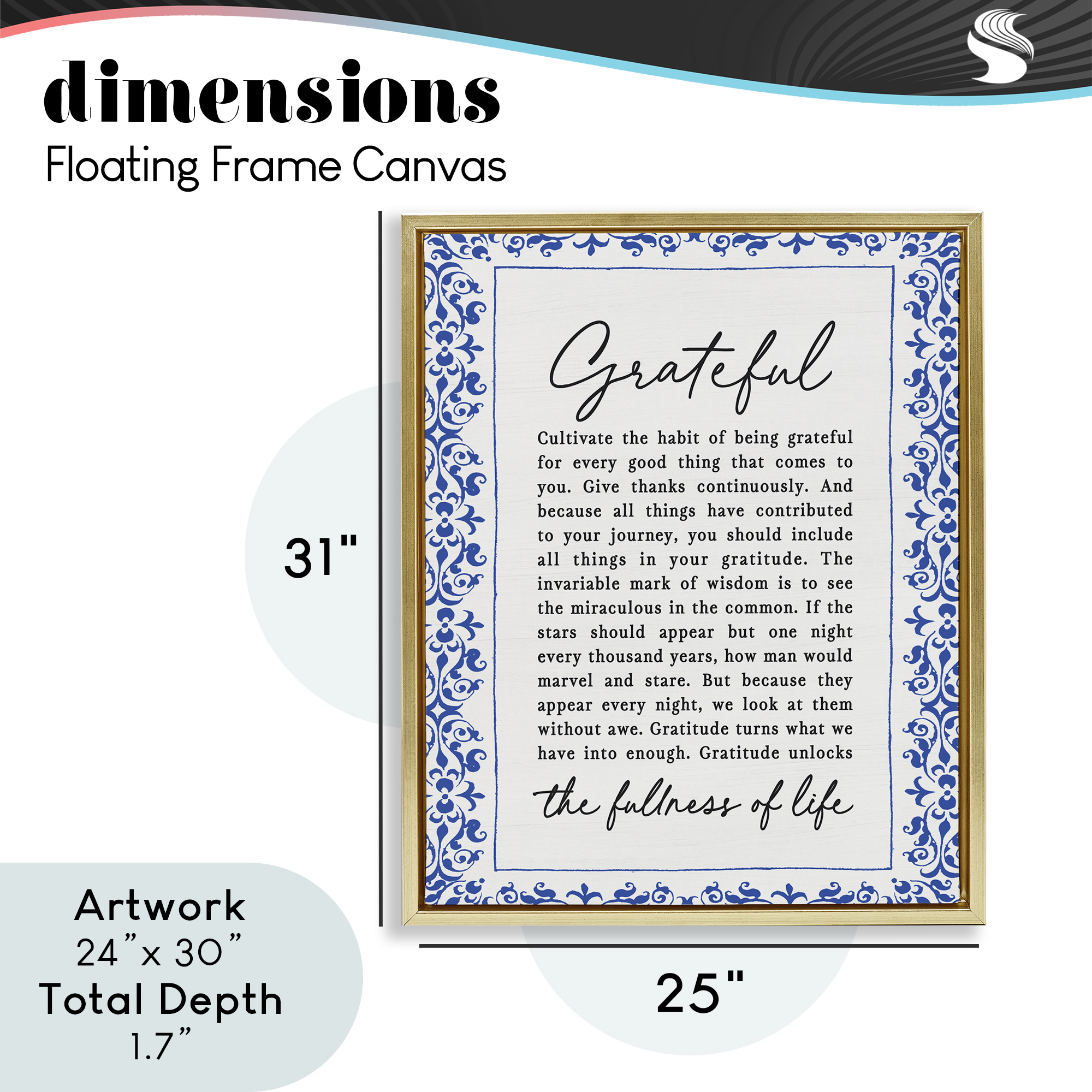 Gratitude Unlocks Fullness Of Life Gold Framed Floater Canvas Wall Art, design by Lettered and Lined