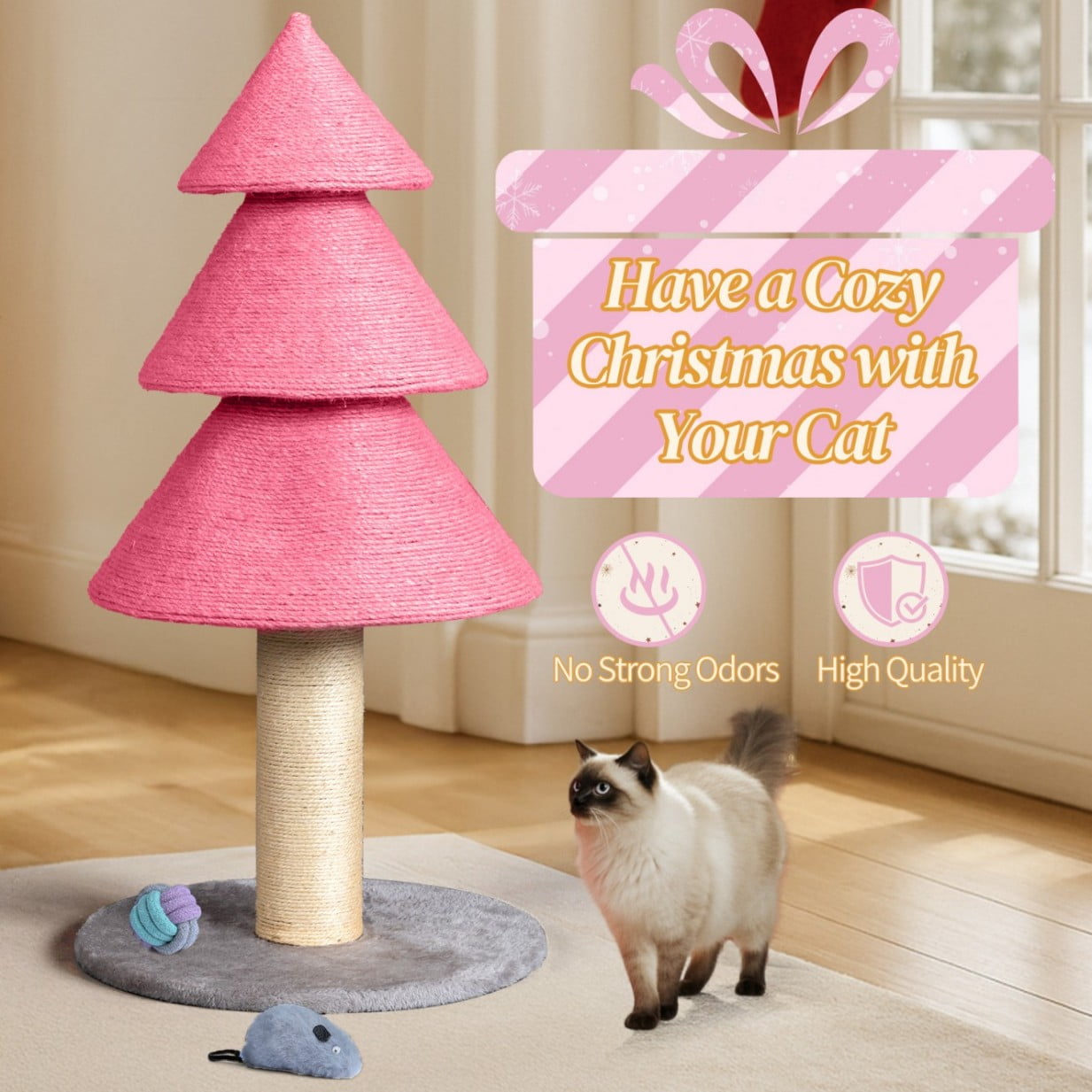 Tcbosik Pink Christmas Tree Cat Scratcher, 31.5-Inch Cat Scratching Post with Sisal Rope & Soft Gray Fleece Base, Festive Pet Toy for Holiday Decor