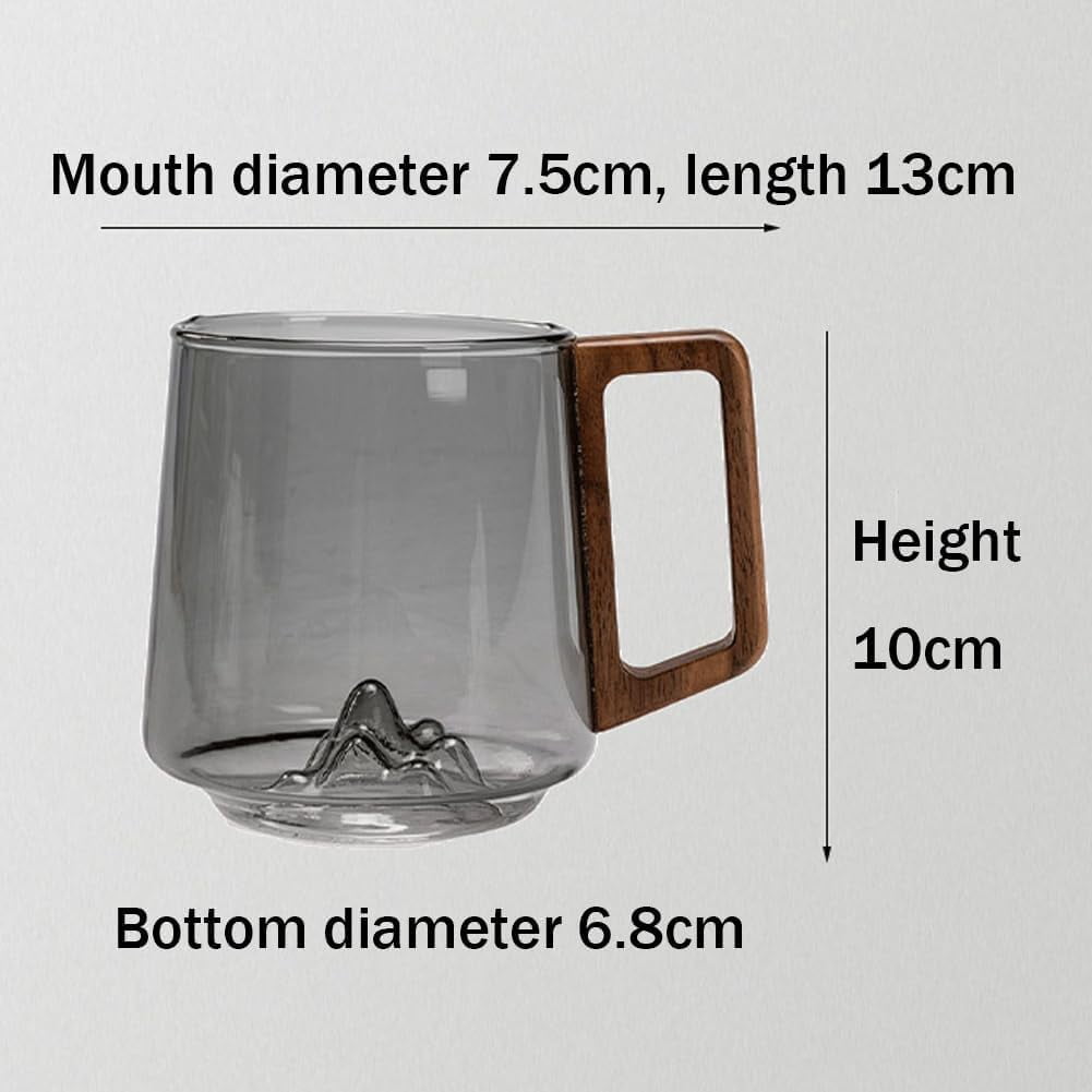 Smokey Gray Glass Slanted Coffee Cups with Wooden Handle, Mountain Base Artistic Mug, Borosilicate Heat Resistant Drinkware for Latte Espresso Tea, Elegant Conical Design (Transparent, 2)
