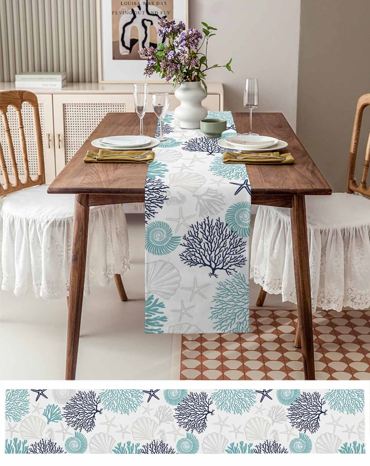 Coastal Table Runner Turquoise Blue Coral Starfish Shell Seahorse Tablerunners 14 x 72 Inch, Table Decorations Tabletop Scarf for Summer Gathering Holiday Farmhouse Kitchen Dining Decor