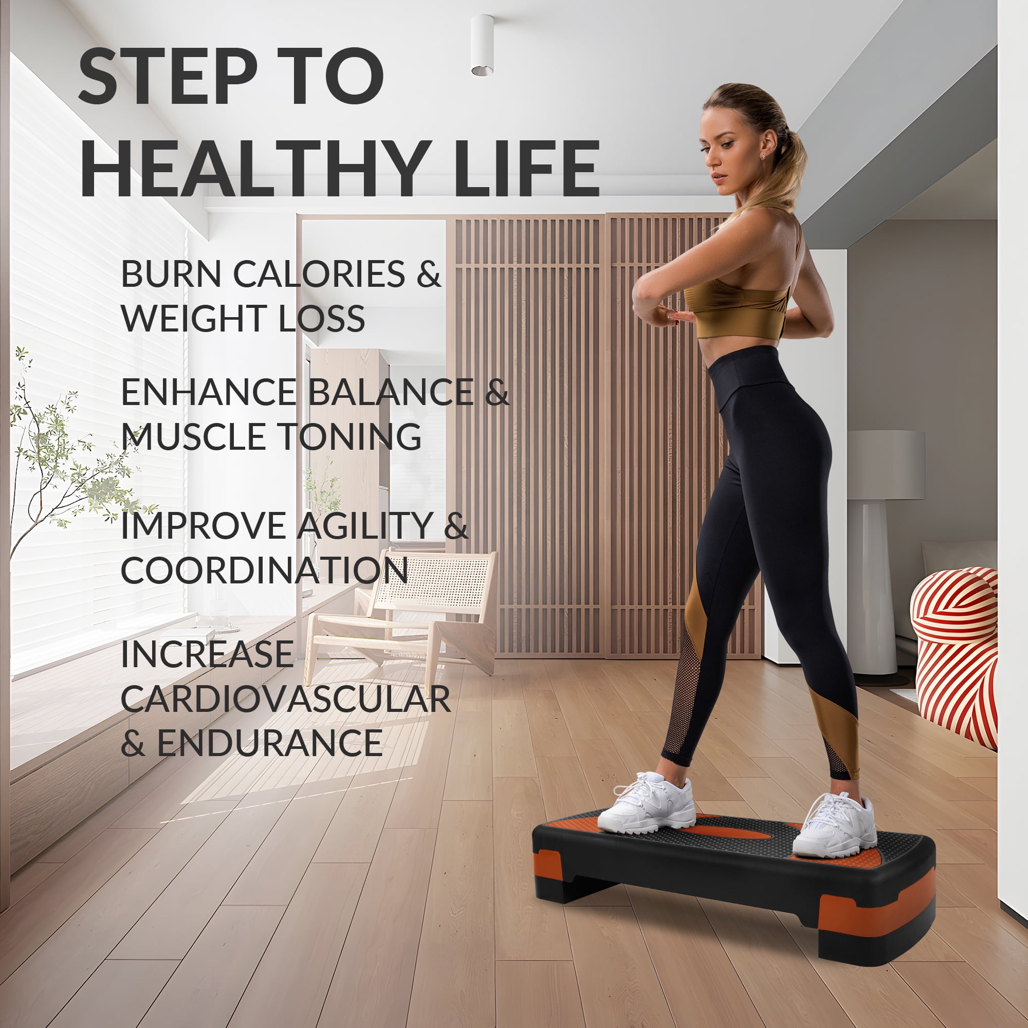 FlexWave 31-inch Aerobic Step Platform, Adjustable Fitness Stepper with 4 Adjustable Step Risers, Aerobics Stepper Workout Stepper for Aerobic Strength and Training in Home Gym，Multicolor