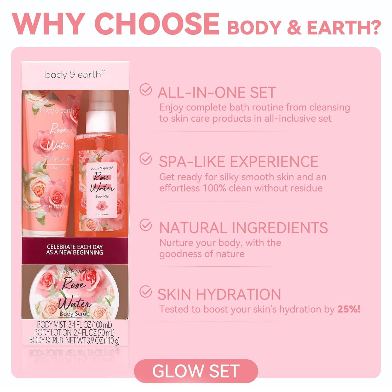 Body & Earth Spa Gift Sets Rose Scent Bath Gift for Women Mother's Day Birthday Gifts for Mom - Perfume, Body Lotion, Body Scrub