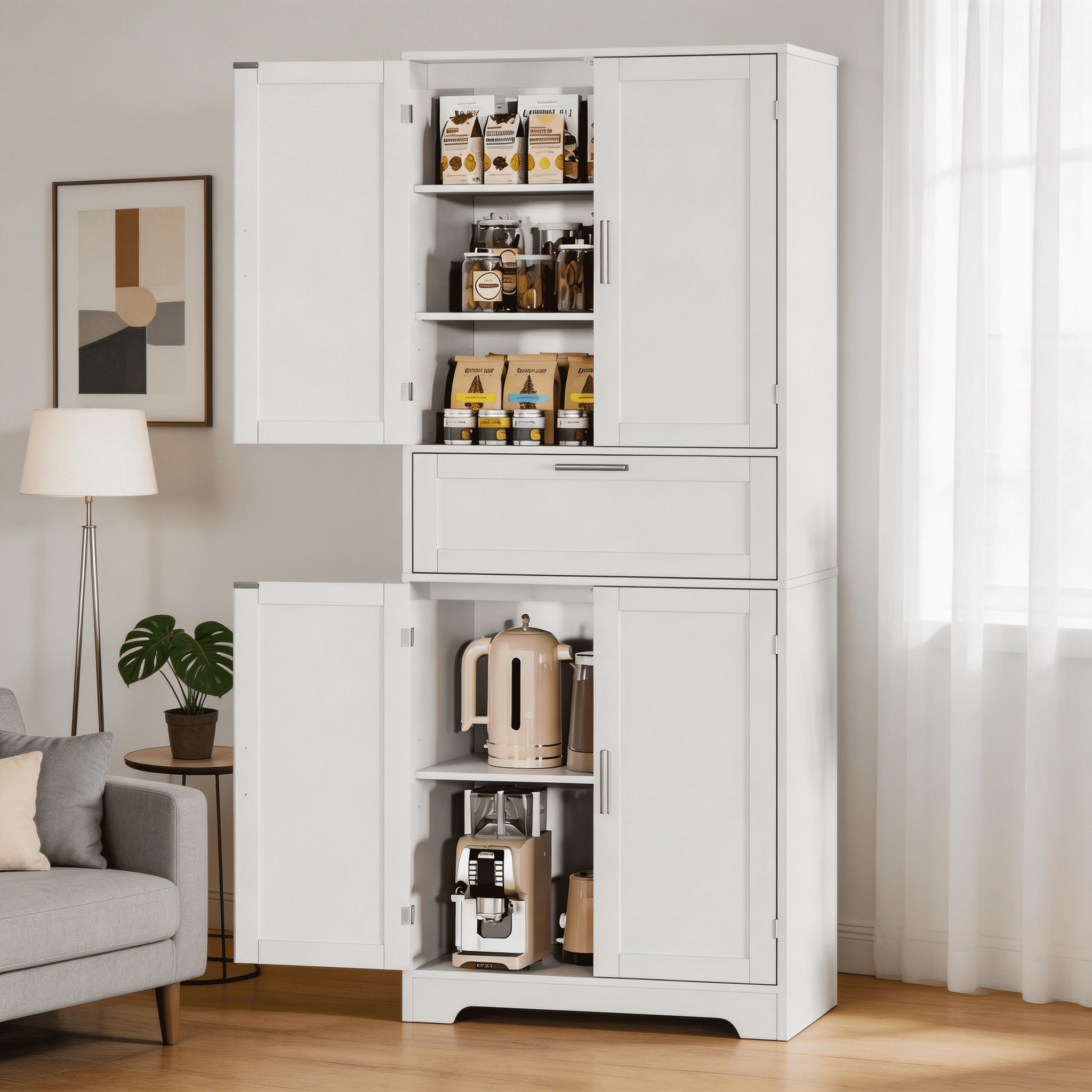 TEENFON Tall Kitchen Pantry Storage Cabinet, Freestanding Cupboard with 1 Large Drawer, for Dining Room, Living Room, Laundry, White