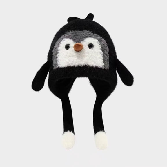 CPNG Girls Knit Hat Soft Thermal Knit Cap Cute Penguin Plush Fuzzy Beanie Hats Boys Winter Warm Flecce Lining Cap with Earflap for Outdoor Cold Weather