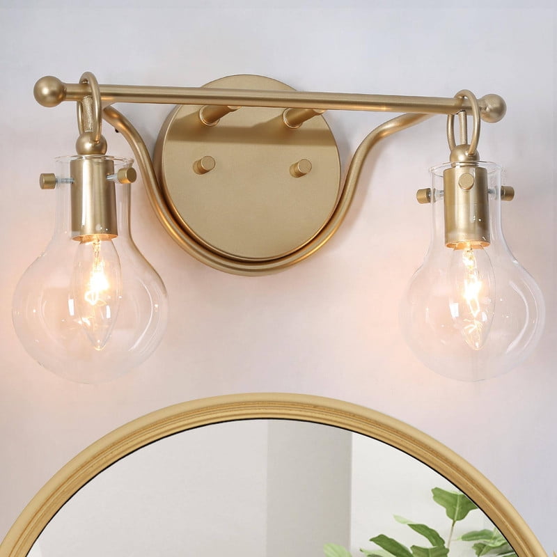LNC 2-Light Gold Round Clear Glass Modern Bathroom Vanity Lighting Fixutre,14"Lx8"Hx4.5"D