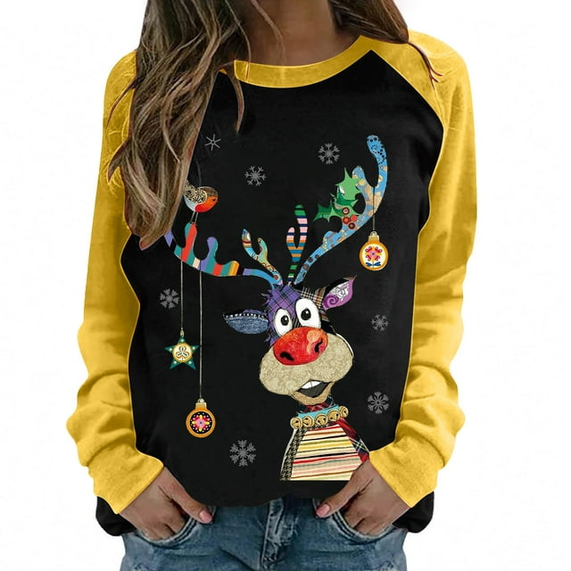 Costumes de Noël en Solde Col Rond Mode Décontractée Manches Longues Chandail en Molleton Imprimé de Noël Blouse Chandail en Molleton Surdimensionné pour Femmes