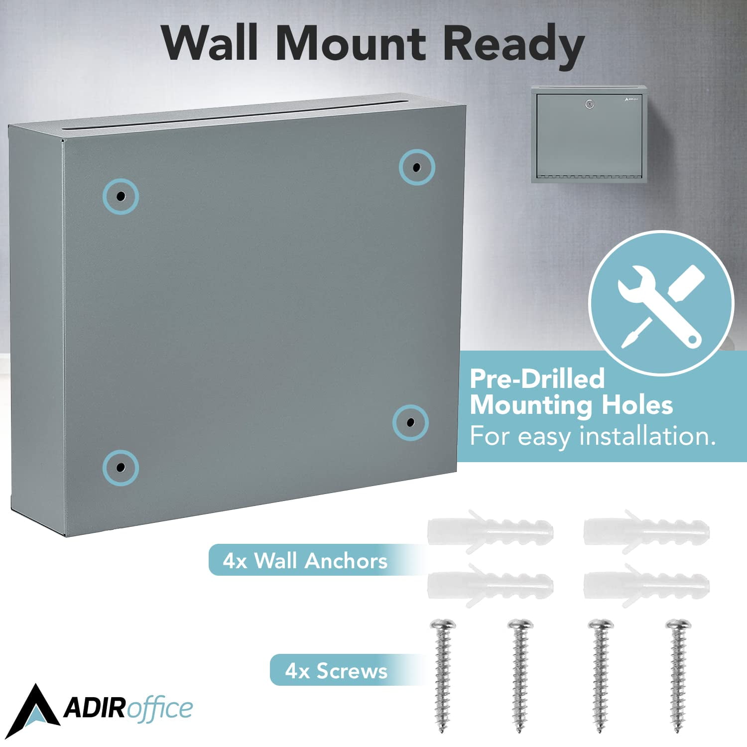 Adir Metal Suggestion Box with Lock and Slot, Wall Mount Deposit Box for Payments and Checks, Mailbox for house, Safe Drop Box with Keys - 3x10x12 Inch Gray
