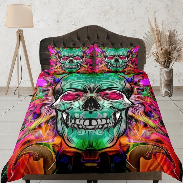 Juego de Funda Nórdica Hippie Colores Neón Colcha Calavera Colorida, Ropa de Cama de Dormitorio