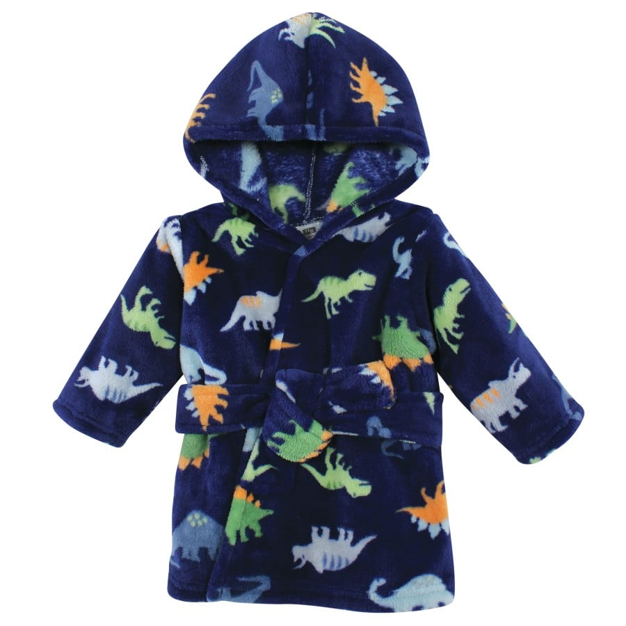 Hudson Baby Infant Boy Plush Animal Face Bathrobe, Navy Dinosaur, 0-9 Months