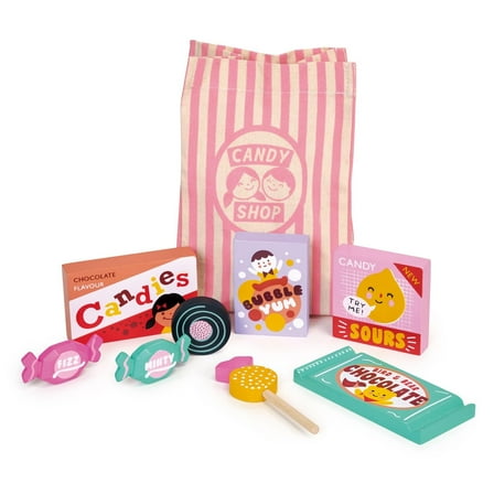 Mentari Toys - Candy Shop Bag - 9pc Wooden Play Candy Set with Bag - Pretend Play Market Accessories - Age 3 