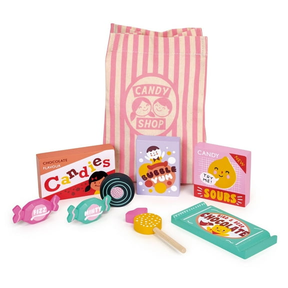 Mentari Toys - Candy Shop Bag - 9pc Wooden Play Candy Set with Bag - Pretend Play Market Accessories - Age 3 