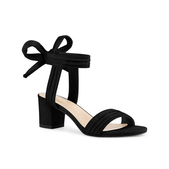 BLISSFUL STEP Women's Shoes Lace-Up Bow Chunky Heel Open Toe Strappy Sandals Black 7