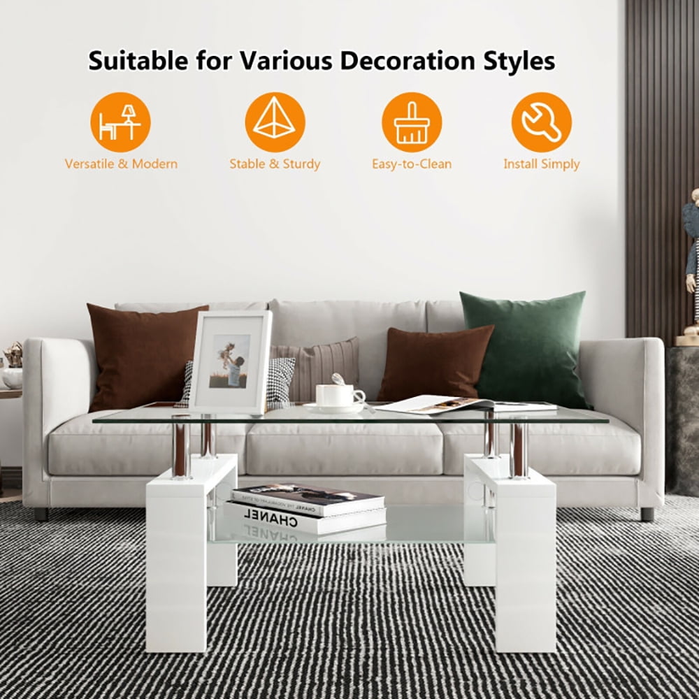 Finihen Glass Coffee Table, Rectangular Coffee Table, Rectangular Tempered Glass Coffee Table End Side Table with Shelf, for Living Room, Reception Room, White Finihen Glass Coffee Table, Rectangular Coffee Table, Rectangular Tempered Glass Coffee Table End Side Table with Shelf, for Living Room, Reception Room, White