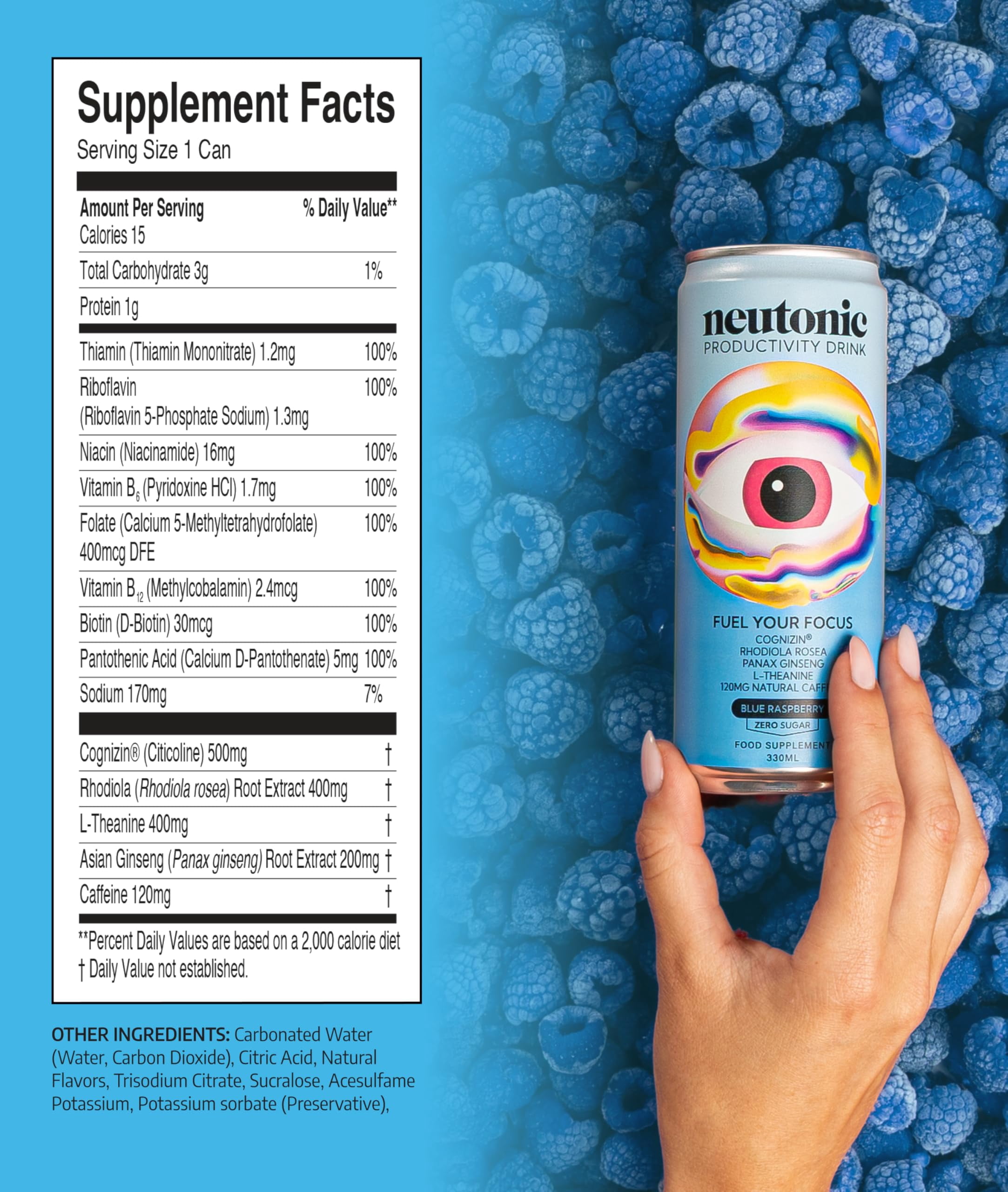 Neutonic Productivity Energy Drink, Boost Focus and Energy, Sugar Free, Science Backed Formula | 355 ML (12 cans) - Blue Raspberry