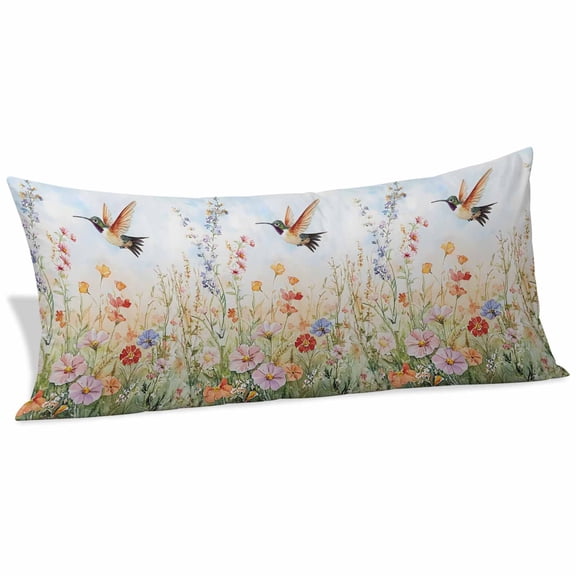 Spring Floral Body Pillow Covers 20"x54", Hummingbird Summer Botanical Watercolor Soft Brushed Microfiber Breathable Throw Pillow Covers, Pillowcase with Zipper for Couch Sofa Bedroom Living Room