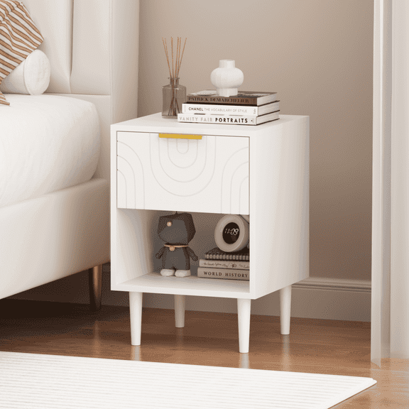 Kadyn Night Stand,Nightstands,Bedside Table,22.83" H Modern White Nightstand with One Drawer and Open Shelf, White