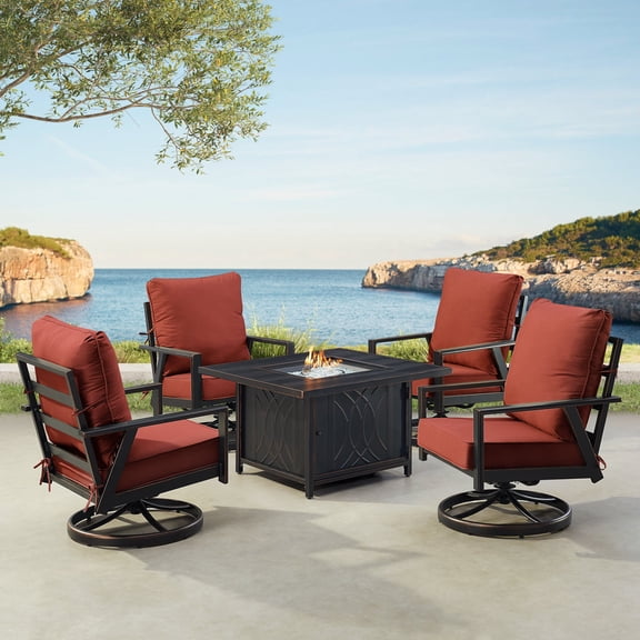 Black Aluminum Fire Table Set with Four Club Chairs