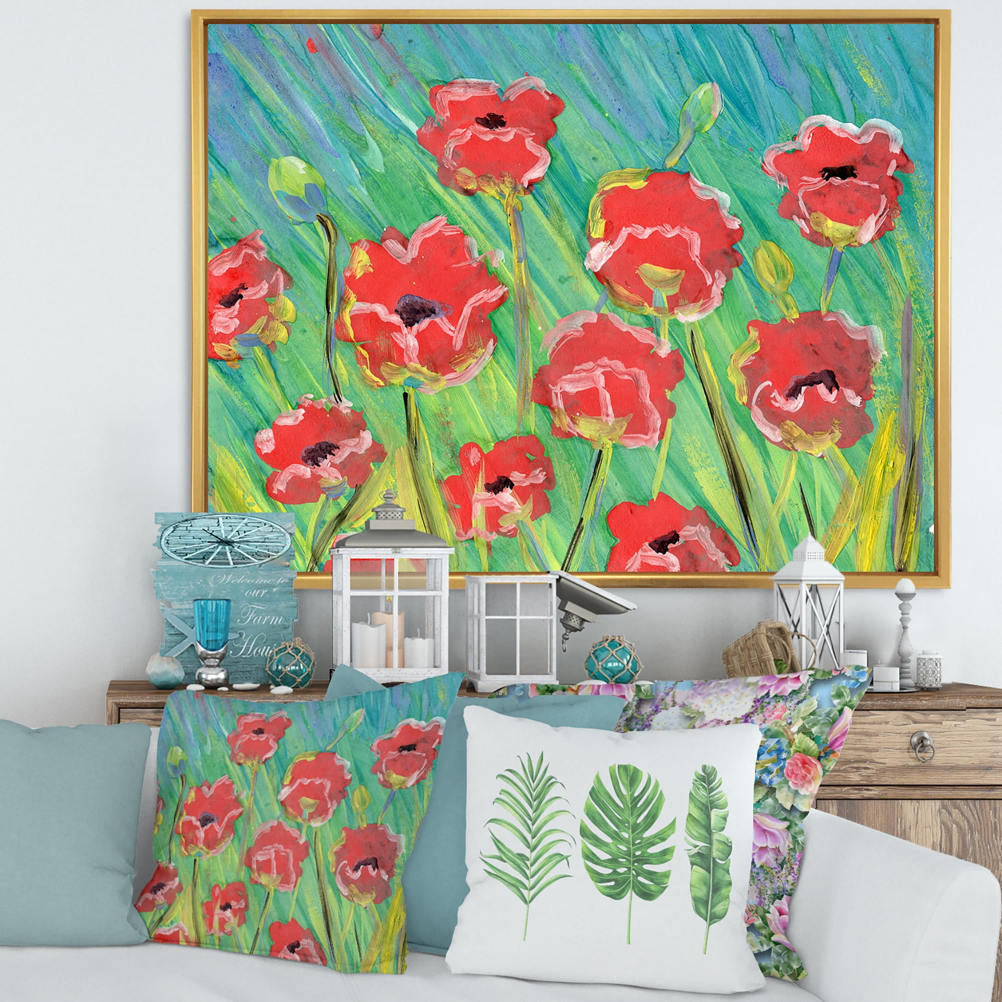 Gouache Of Blooming Red Poppies 32 in x 24 in Framed Painting Canvas Art Print, by Designart