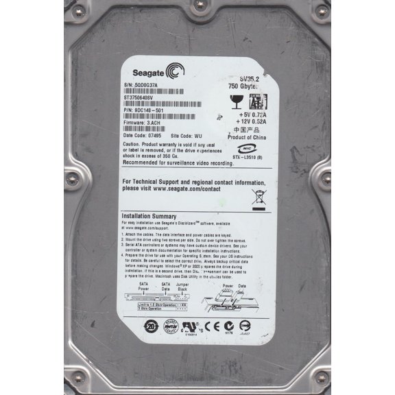 ST3750640SV, 5QD, WU, PN 9DC148-501, FW 3.ACH, Seagate 750GB SATA 3.5 Hard Drive