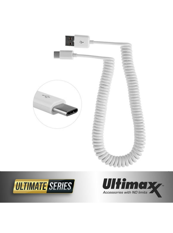 Ultimaxx Type-C to USB Coiled SYNC Charger Cable Data Lead Charging Connector - White