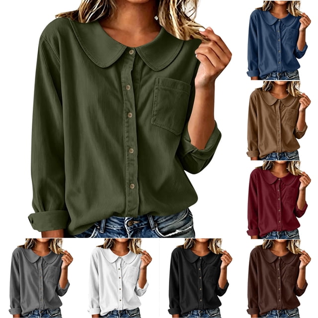 Neewe Cotton Blend Button Down Shirt for Women Collared Blouse Casual Long Sleeve Tops Daily Outfits