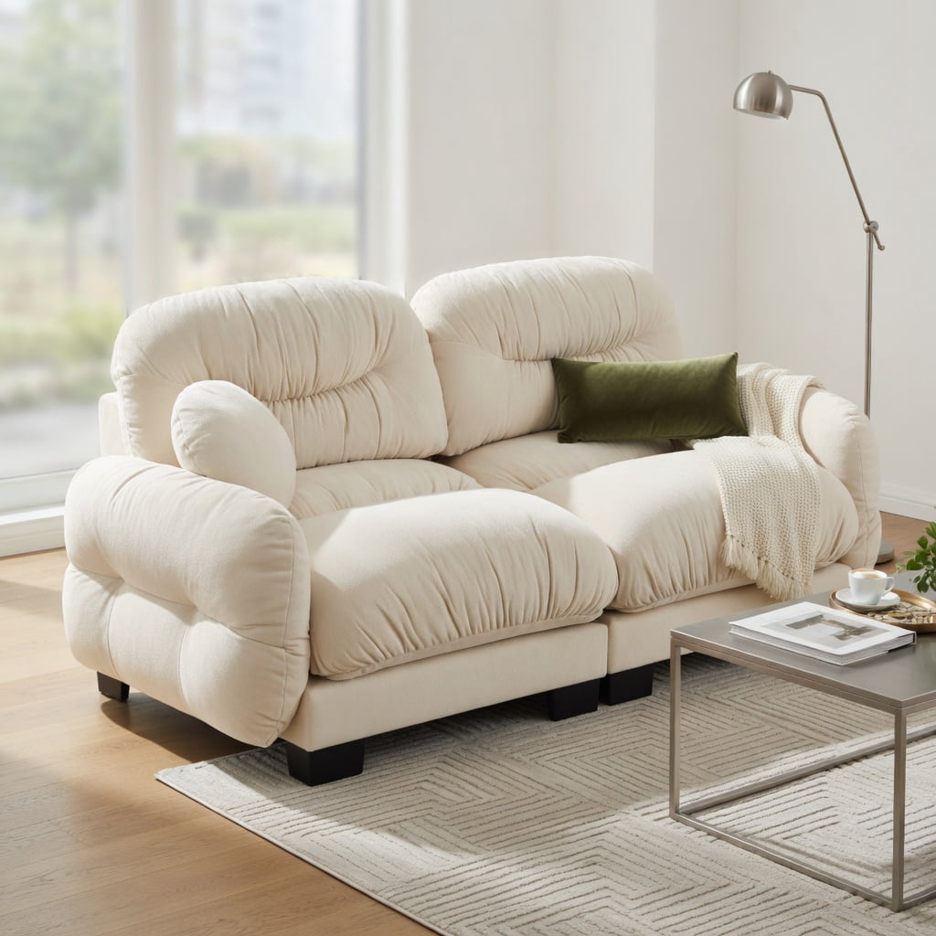 Hommoo Chenille 2-Seater Modular Sofa with Pleated Back, Ergonomic High-Density Foam Cushions, Curved Armrests & 2 Round Throw Pillows, Beige
