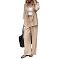 thumbnail image 3 of Women 2 Piece Outfits Casual Lounge Sets Long Sleeve Button Down Shirts and Wide Leg Pants Sets Khaki XL, 3 of 9