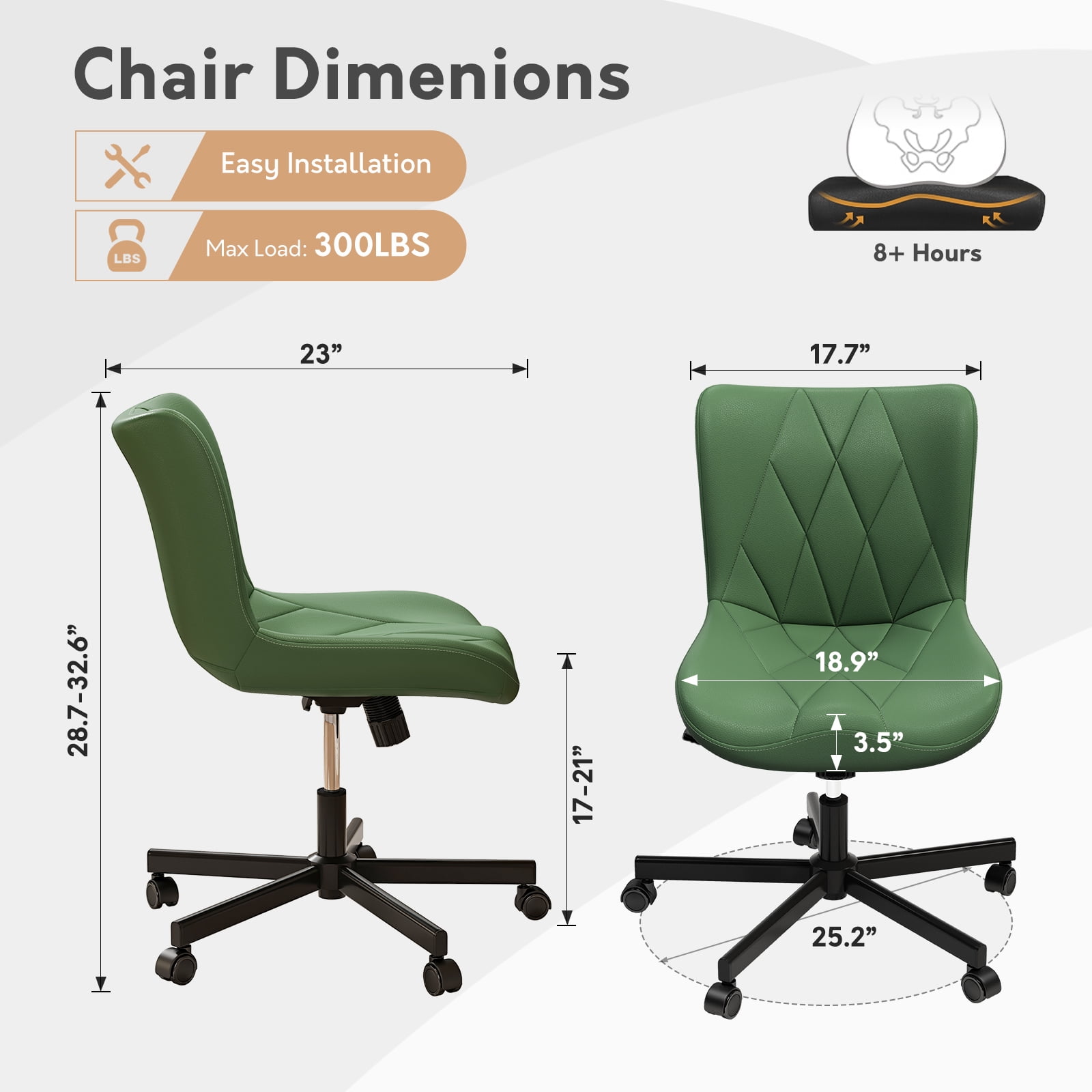 Ninecer Adjustable Armless Office Chair, Leather Desk Chair with Wheels, Office Chair for Home Office, Computer Rolling Chair for Adults, Comfy Task Chair, Green